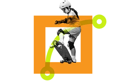 Illustration of child in protective equipment riding skateboard down abstract shape